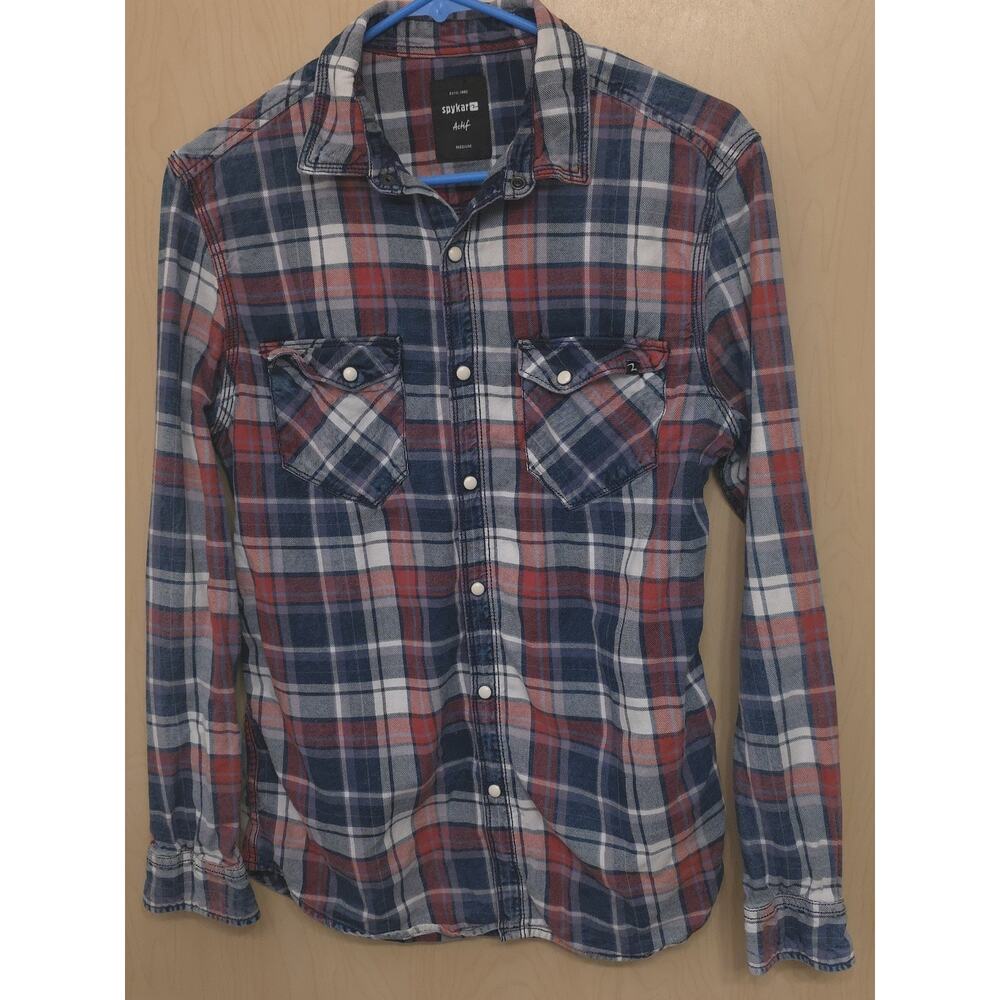 Spykar Men's Medium Blue Plaid Flannel Cotton Long Sleeve Button Up Shirt